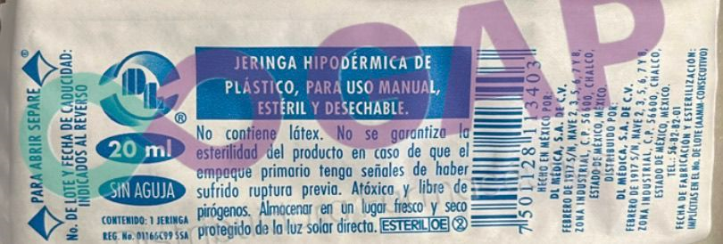 JERINGA 20ML S/AGUJA DL PIVOTE LUER LOCK PZA